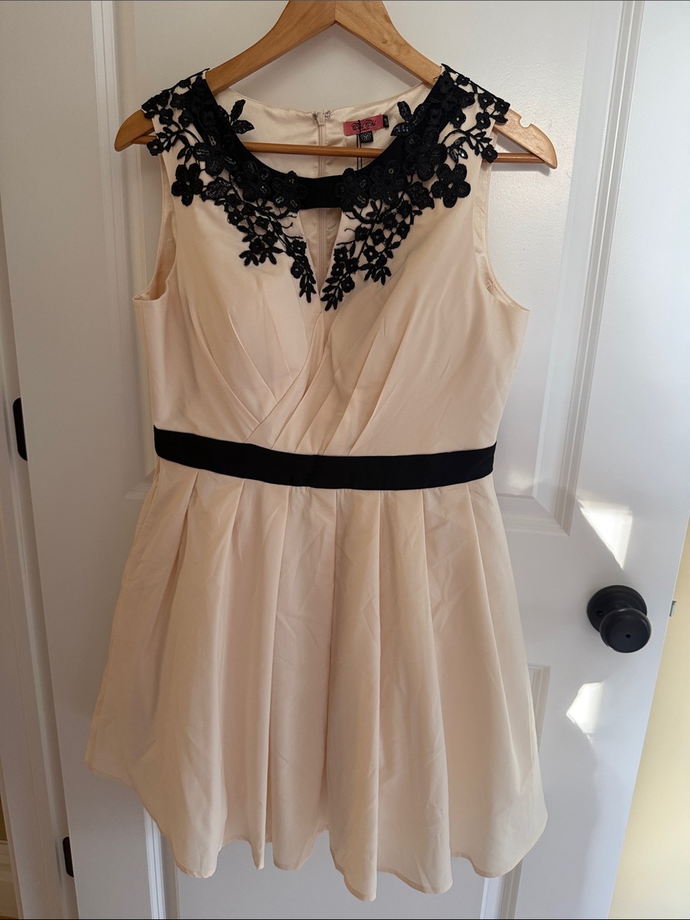 Women’s Cream Dress with Black Lace Collar and Waist